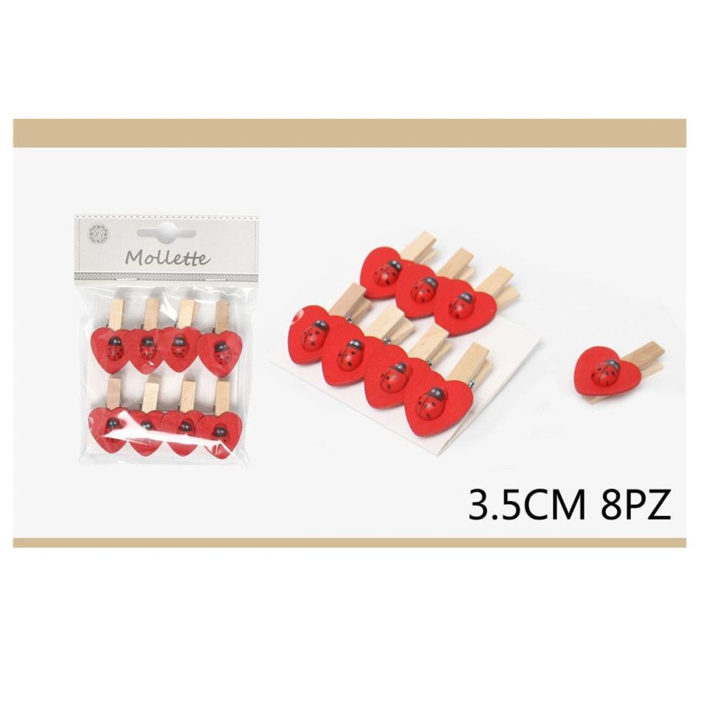 Mollette decorative con cuore e coccinella 3.5cm -8pz